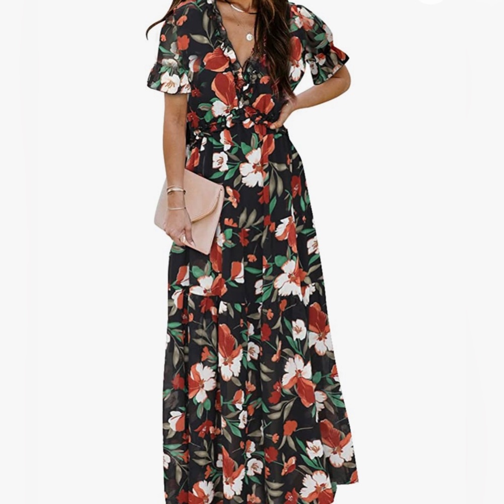 Amazon Women's Vibrant Floral Maxi Dress - Black, Red, Green